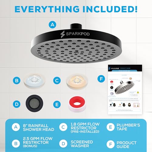 SparkPod Rain Shower Head, 8 Inch Round, Midnight Black Matte Finish | High Pressure Shower Heads, 90 Nozzles, Adjustable Showerhead, No Tools Needed, Universal Connection - color: Midnight Black Matte, style: 8 Inch Round