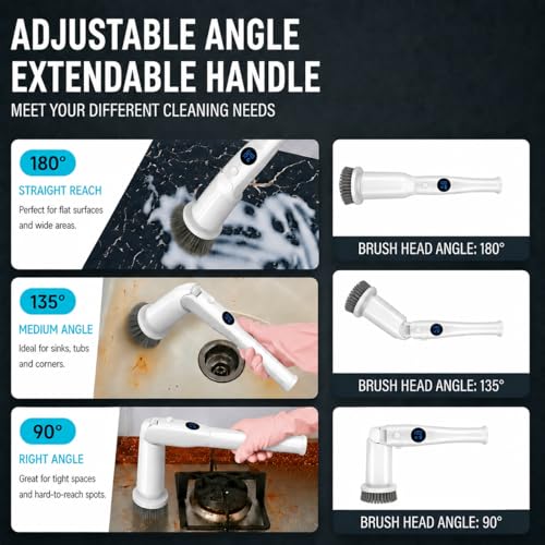 Electric Spin Scrubber, High Torque Deep Cleaning Scrubber, Cordless Cleaning Brush with Adjustable Handle & 7 Replaceable Heads, Heavy-Duty Bathroom Scrubber for Bathroom Cleaning (White)