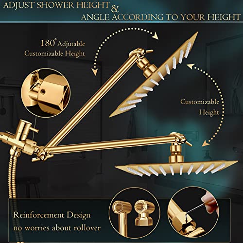 Shower Head,12'' Rain Shower Head with 11'' Extension Arm,Brushed Gold | 5 Settings High Pressure Handheld Shower Head Combo,Adjustable Powerful Shower Spray Against Low Pressure Water - color: Gold, size: 12" Showerhead Set