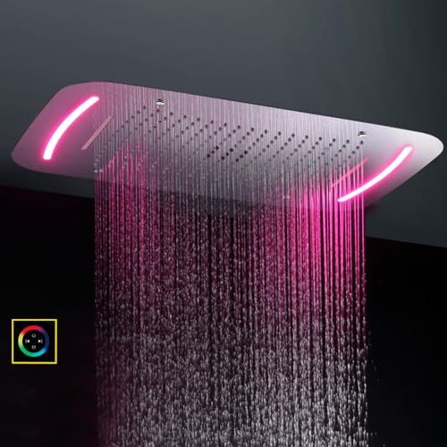 Cascada Luxurious Design 17"x28" Recessed LED Shower System with 6 Functions (Rainfall, Waterfall, Rain Curtain, Misty, 4"Body Jets & Handheld), & Shower Sliding Bar (Brushed Nickel) - color: Brushed Nickel