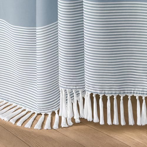 Blue Coastal Ocean Cotton Striped Shower Curtain with Tassel 72"W X 84"L | Extra Long Boho Farmhouse Shower Curtains for Bathroom with Soft Cotton Feel - color: Light Blue, size: 72"W x 84"L