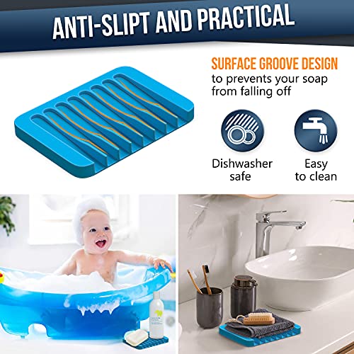 ZAPPOWARE Self Draining Soap Dish for Bar Soap - Pack of 2 Blue Silicone Waterfall Drain Soap Savers for Shower, Bath, Kitchen Countertop - color: Blue