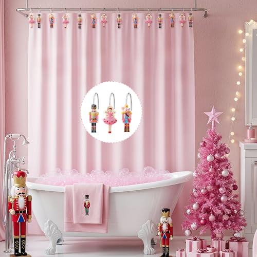 Colingmill 12 Pcs Christmas Nutcracker Shower Curtain Hooks Xmas Pink Nutcracker Shower Curtain Hooks Holiday Bathroom Rust Resistant Decor Rings for Winter Bathroom Bedroom Farmhouse Decorations - style: Nutcracker