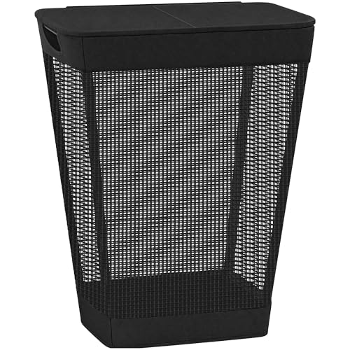 STO STO 75L Laundry Hamper with Lid, Black Clothes Hamper with Handles, Breathable Vinyl Mesh Laundry Basket, Sturdy Steel Frame, Space Saving Laundry Bin for Bathroom, Bedroom, Dorm, Small Spaces