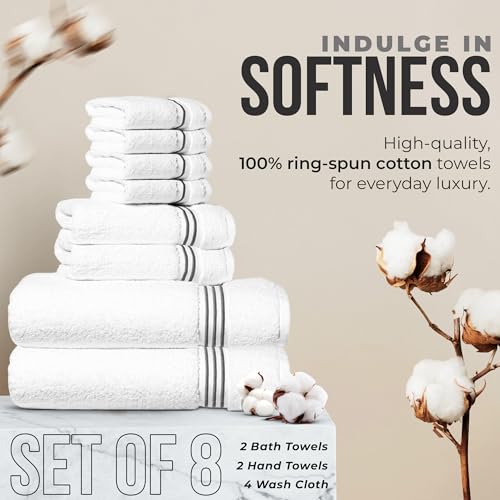 8-Piece Premium Towel Set, 2 Bath Towels, 2 Hand Towels, and 4 Wash Cloths, 100% Ring Spun Cotton Highly Absorbent Towels for Bathroom, Gym, Hotel, and Spa - color: Gray