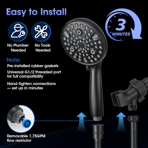 Shower Head with Handheld, High Pressure 10 Spray Modes, Matte Black | Built-in Pause Function, Power Wash Mode, Anti-Clog Nozzles, 71 Inch Stainless Steel Hose, Adjustable Overhead Bracket - color: Matte Black