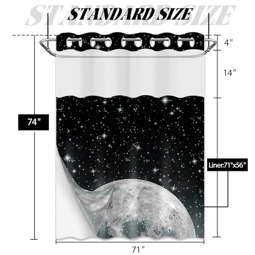 Star Moon Hookless Shower Curtain with Snap in Liner, Space Black and White Watercolor Night Sky Galaxy No Hook Double Layer Shower Curtains and Liner Set, Waterproof Cloth Fabric 71" W X 74" L - color: Black, size: 71"W x 74"L (Pack of 1)