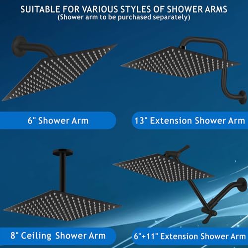 Voolan Rain Shower Head - High Flow Large Rainfall Shower Heads Made of Stainless Steel - Waterfall Bathroom Square Showerhead - Ceiling or Wall Mount (12 * 8 Inch Rectangle, Matte Black) - color: Matte Black, size: 12*8 Inch Rectangle