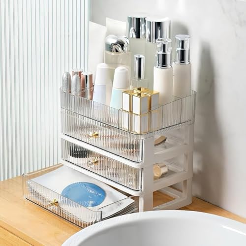 Simbuy Clear Makeup Organizer with 3 Drawers, Bathroom Organizer and Storage, Ideal for Desk and Dresser Vanity Countertop, Great for Cosmetics, Skincare, Perfume,Toiletry : Beauty & Personal Care