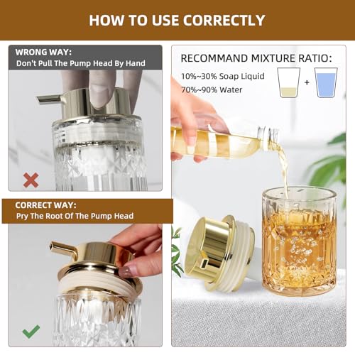 RYTOXILO Foaming Soap Dispenser, Gold Glass Foam Hand Soap Dispenser for Bathroom, Refillable 7.8 Fl Oz Foamy Pump Bottle with Plastic Golden Pump, Modern Dish Soap Foam Dispenser Container - color: Clear Bottle+ Gold Pump