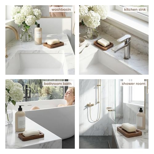 2PCS Self Draining Soap Holders, Rustic Slotted Bamboo Dish Tray, Easy Cleaning Wooden Soap Dish for Shower, Bathroom, Kitchen Sponges, Bath Tub, Packed in A Case (Walnut Style) - color: Dark Brown