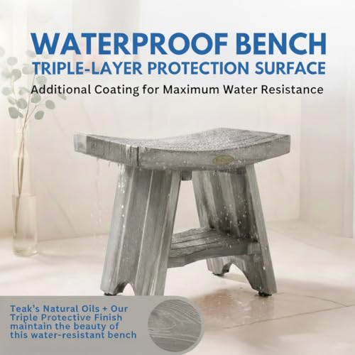 EcoDecors Serenity Teak Wood Shower Bench with Shelf 18 Inch Lunar Gray Finish Solid Teak Bathroom Seat Storage Non Slip Adjustable Feet Slatted Drainage Design for Shower Spa Sauna Indoor Outdoor Use
