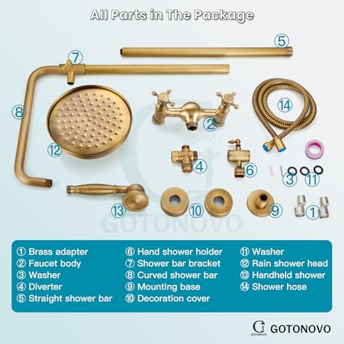 gotonovo Exposed Shower System Wall Mount,Antique Brass,Metal Handheld | 8” Rain Shower Head Faucet Set Fixtures,2 Function,Two Cross Handle,Height Adjustable,for 5-6.7" Hole,Indoor Victorian Retro - color: Antique Gold