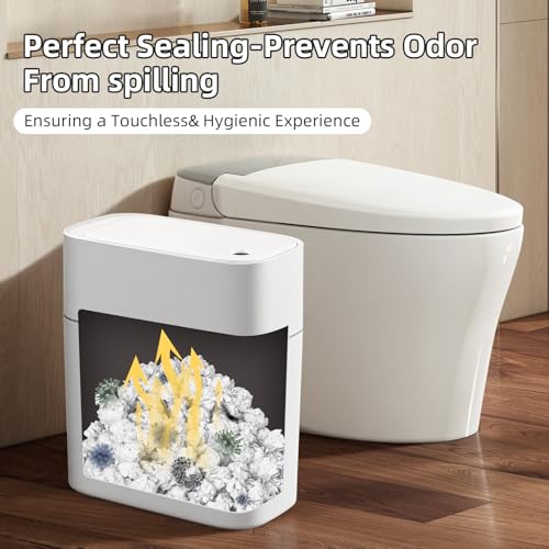 JUDRDO 3.5 Gal Slim Touchless Bathroom Trash Can, Automatic Diaper Pail | Motion sensor opening, automatic liner suction, slim profile for bathrooms, bedrooms, offices, kitchens and nurseries - color: White-n21