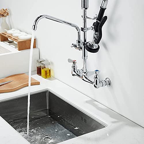 Commercial Sink Faucets with Sprayer 25 Inches Wall Mount Kitchen Faucet with Pull Down Pre-Rinse Sprayer and 10" Swivel Spout 8 Inch Center Compartment Sink Faucet - size: Wall 25 Inches