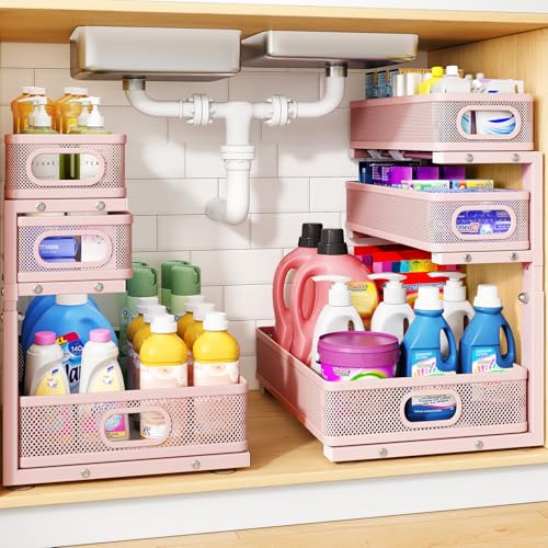 Under Sink Organizer, 3-Tier Thickened Metal Pull out Cabinet Organizer Shelf, Height Adjustable Slide out Storage Drawer Rack for Kitchen Bathroom Pantry Laundry Home Organization, 2-Pack, Pink | 35% Extra Storage Capacity, Carbon Steel, Hold Up 55lbs, S