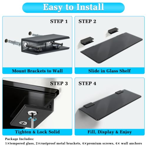 Alise Glass Shelves for Bathroom,15 Inch Wall Mounted Floating Shelf,Black | Tempered Glass Shelf,Metal Brackets,Rectangular,Floating Glass Shelves,Over Toilet,Vanity,Bedroom,Kitchen,1 Pack - color: Black