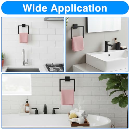 2 Pack Matte Black Towel Ring, Stainless Steel Hand Towel Holder, Modern Square Wall Mounted Bathroom Rack Hangers