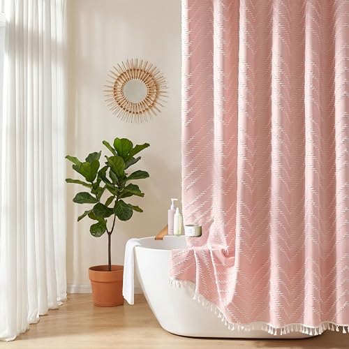 Siiluminisoy Pink Shower Curtain with Tassel Woven Fabric Boho Shower Curtain Cute Farmhouse Textured Tufted Chevron Striped 72 x 72 Bathroom Shower Curtain - color: A Pink, size: 72"W x 72"L (Pack of 1)