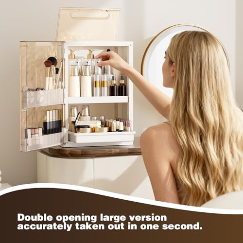 Makeup Organizer with Drawers and Lid, Large Skincare Organizer for Vanity, Dustproof Cosmetic Organizer and Makeup Storage Box with Brush Holder for Dresser, Bathroom Countertop