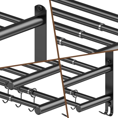 Adjustable 16.9–28" Matte Black Towel Rack for Bathroom SUS304 Stainless Steel 2-Tier Shelf with Extended Bar & 4 Sliding Hooks, Adhesive or Screw Mount, Bathroom/Over-Toilet Organizer - color: Adjustable 16.9–28" Matte Black Towel Rack