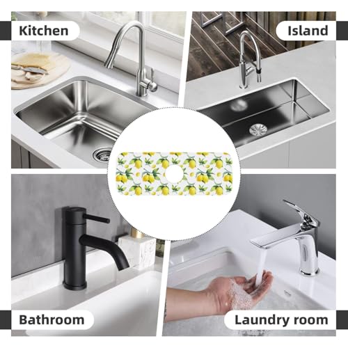 Yellow Lemon Green Leaves Kitchen Sink Splash Guard Faucet Mat Super Absorbent Fast Drying Mat Sink Gadgets-Fast Drying Pad Sink Mat For Kitchen Bathroom (15" X 5.5" ) - color: Yellow Lemon Green Leaves