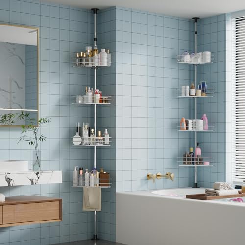 Adjustable Shower Caddy Corner for Bathroom, 4-Tier Rustproof Bathroom Organizer Shelves with Tension Pole, Floor Standing Bath Rack for Bathtub Shampoo Storag, Silver