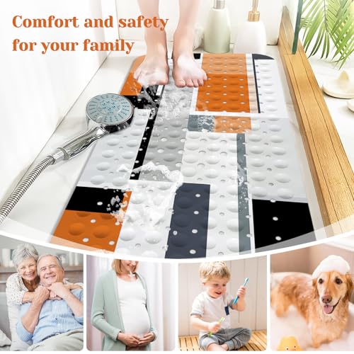 Orange Black Bath Tub Mat Non Slip, Modern Geometric Large Washable Shower Mats with Drain Holes and Suction Cups,40 X 16 Inch - color: Orange Black