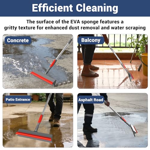 Floor Squeegee for Concrete Floor, 15.8" Large Heavy Duty Squeegee for Floor with 60" Adjustable Handle, 2-in-1 Silicone & EVA Blade for Garage,Concrete,Tile,Bathroom,Window Glass Cleaning