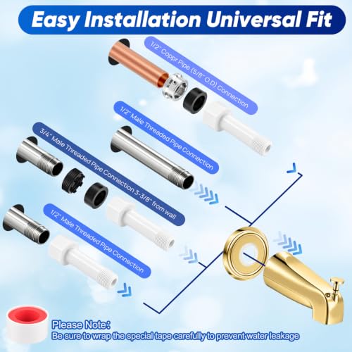Universal Polished Gold Tub Spout with Diverter, Metal Cover and Adapter | Pull Down Bathroom Tub Faucet Replacement, for 1/2" Copper Pipe, 1/2" IPS & 3/4" IPS threaded, Bathtub Spout with Hex Wrench - color: Gold