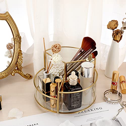 Hipiwe 360° Rotating Makeup Organizer 3-Slot Gold Glass Vanity Holder | Round Spinning Cosmetic Display Case Dresser Bathroom Organizers for Prefume Makeup Bushes Lipsticks Storage - style: Round,3-Slot