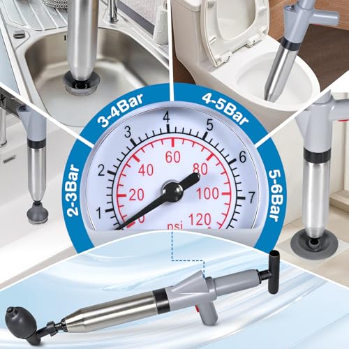 High Pressure Toilet Plunger, Toilet Snake Air Drain Blaster with Real -Time Barometer, Heavy Duty Drain Clog Remover for Bathroom, Floor, Shower, Kitchen Clogged (Gery-Manual)