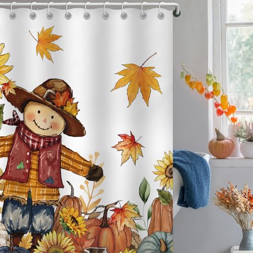 Scarecrow Pumpkin Harvest Shower Curtain Fall Bathroom Curtain Set 72"x72" | Autumn Thanksgiving Home Decor Waterproof Polyester Fabric with Hooks - color: Scarecrow