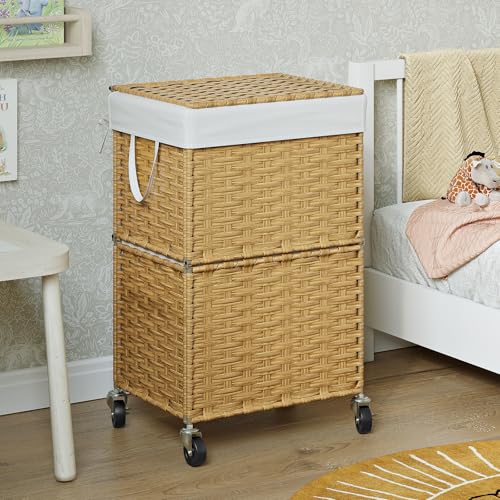 Chrislley Wicker Laundry Basket with Wheels,Rolling Laundry Hamper with Lid | 90L Slim Clothes Hamper with Wheels & Removable Liner Bag, Handwoven Rattan Laundry Organizer for Bedroom, Bathroom, Yellow - color: Yellow