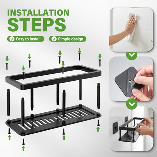 Corner Shower Caddy, 2 Pack No Drill Adhesive Shower Storage Shelves, Wall Mounted Bathroom Organizer Shelf with 2 Removable Hooks for Bathroom Kitchen