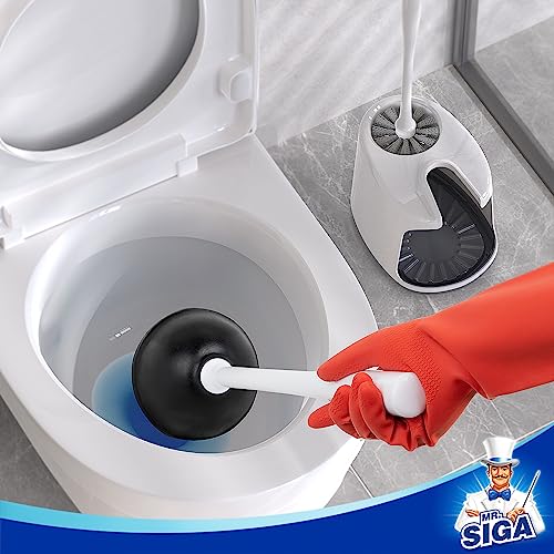 MR.SIGA Toilet Plunger and Brush with Holder for Toilet Cleaning, White | Heavy duty toilet brush and plunger set, plunger toilet brush combo - color: White