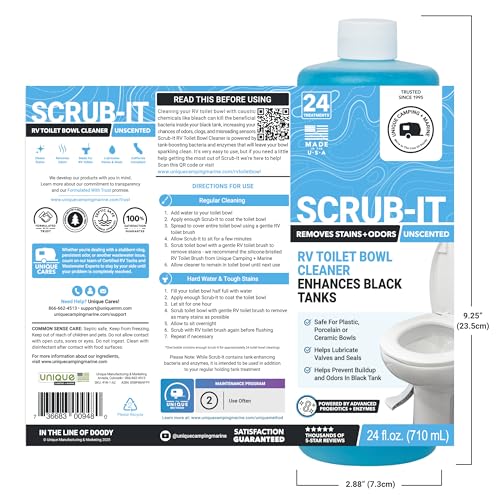 Unique Scrub-It Liquid RV Toilet Bowl Cleaner, Helps Lubricate Seals, 24 oz | Targeted squirt-top bottle for RV toilet bowls, cleans stains, odors, & debris; non-caustic formula; unscented - size: 24 Fl Oz (Pack of 1)