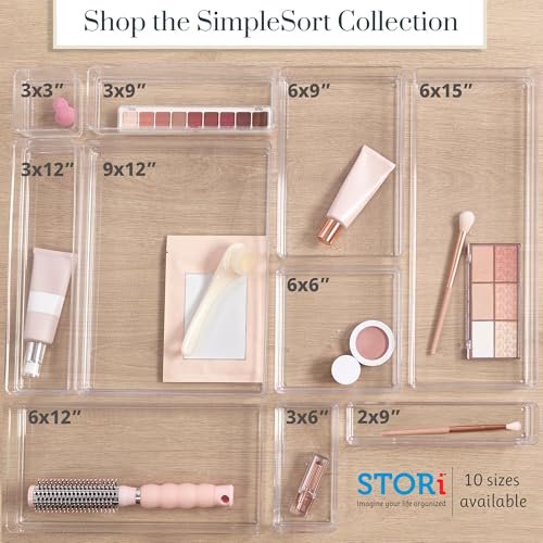 STORi SimpleSort 3-Piece Stackable Clear Drawer Organizer, 12" x 6" x 2" | Rectangle Trays, Wide Makeup Vanity Storage Bins, Office Desk Drawer Dividers, Made in USA - size: 12x6x2"