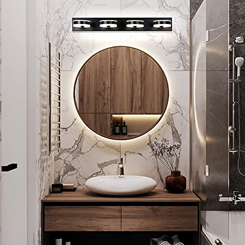 LED Bathroom Light Fixtures, 33inch Black Vanity Lights, Modern 4 Light Acrylic Wall Sconces, 350° Rotatable Wall Lighting Fixture Over Mirror - color: Black, size: 4 Lights