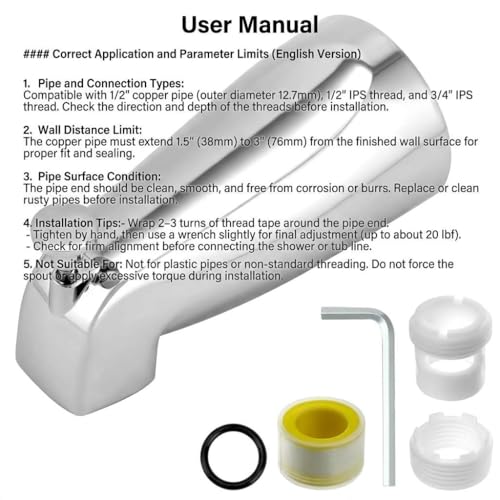 QWORK Metal Tub Spout with Diverter – Fits 1/2" & 3/4" Pipes, Chrome Finish for Tubs, Showers & Bathrooms