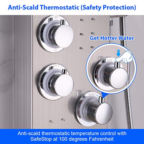 ELLO&ALLO LED Thermostatic Shower Panel Tower System, Rainfall Waterfall Shower Head Rain Massage System with Body Jets - color: Brushed Nickel