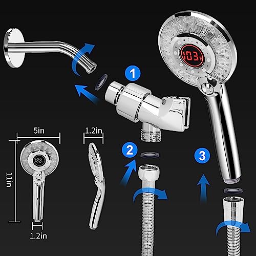 LED Shower Head Color Changing, Shower Head High Pressure with Hose | Water Saving Spray Showerheads, Discoloration Warning, Water Temperature Display, 3 Spray Modes, Easy to Install, Chrome