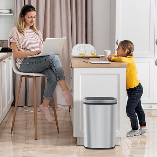Kitchen Trash Can 13 Gallon Touchless Trash Bin with Lid,Stainless Steel | Automatic Motion Sensor Bathroom 50 Liter Trash Can ,Garbage Can Waterproof Garbage Bin Wastebasket for Toilet,Bedroom - color: Stainless Steel