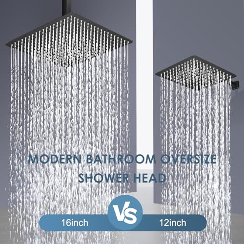 16 inch Matte Black Large Rain Shower Head - All Metal 304 Stainless Steel, Full Body Rainfall Shower with 324 Silicone Nozzles - Waterfall Bathroom Square Showerheads, Ceiling Mounted - color: B-Matte Black, size: 16 Inch Square