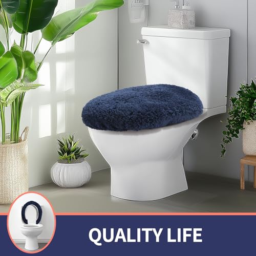 Soft Microfiber Toilet Lid Cover 17.5" x 15" Machine Washable | Solid Toilet Seat Cover Adjustable Rubber Backing Fits Most 16 -17.5" L x 14-16" W Round Oblong and Elongated Toilet Seat - color: Navy Blue