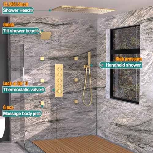 HOMEDEC 15.7x31.5" Rainfall and 6" Dual Shower Heads with Handheld Spray Combo, Full Body Shower System with 6pcs Body Jets, Brushed Gold - color: Brushed Gold, style: 4-Way + 1x 6" Top
