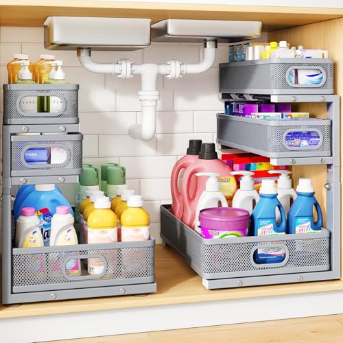 Under Sink Organizer, 3-Tier Thickened Metal Pull out Cabinet Organizer Shelf, Height Adjustable Slide out Storage Drawer Rack for Kitchen Bathroom Pantry Laundry Home Organization, 2-Pack, Grey | 35% Extra Storage Capacity, Carbon Steel, Hold Up 55lbs, S