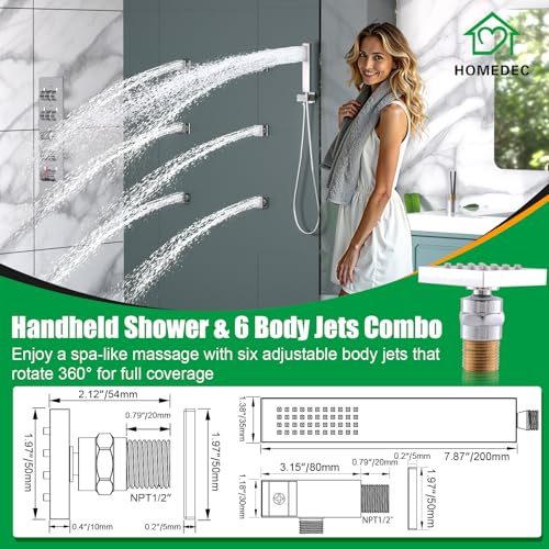 HOMEDEC LED 14x20" Ceiling and 6" Wall Shower Heads Full Body Shower System, with 4-Way Thermostatic Diverter Valve, Body Sprays and Handheld, Chrome - color: Chrome, style: 4-Way + 1x 6" Top