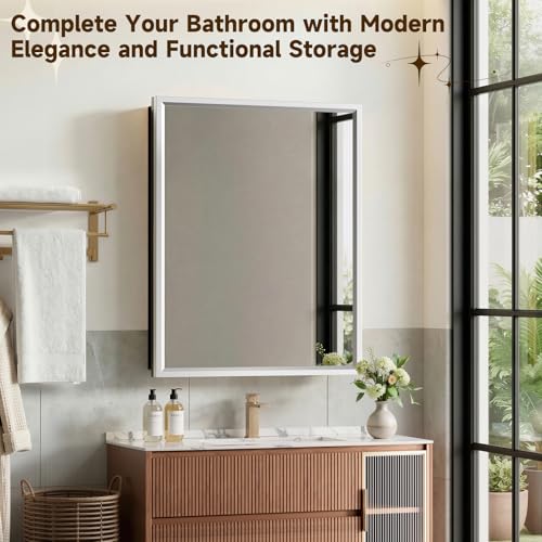14"x24"Silver Medicine Cabinets for Bathroom with Mirror, Aluminum Alloy Framed Mirror, Recessed(12.85"x22.85")or Surface Wall-Mounted(14"x24") Metal Bathroom Vanity Mirror with Storage Cabinet