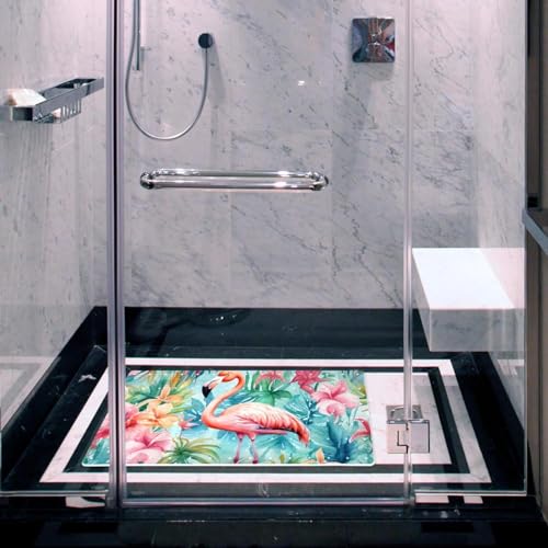 Non Slip Bath Mat for Tub, 15.1 x 26.8 Inch Bathtub Mat Machine Washable Shower Mat with Drain Holes and Suction Cups, Tropical Palm Leavs Flower Flamingo - color: Multi 08